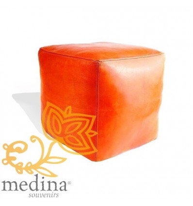 Pouf marocain cube orange pouf carré artisanal en cuir veritable