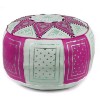 Pouf fassi en cuir fuschia et blanc pouffe marocain en cuir veritable fait main