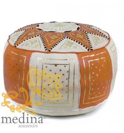 Pouf fassi en cuir Orange et blanc pouffe marocain en cuir veritable fait main