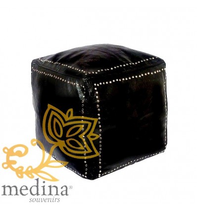 Pouf carré noir en cuir boutons argent
