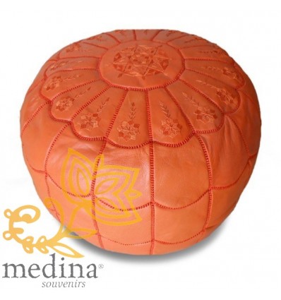 Pouf marocain design arcade en cuir orange broderie orange pouf en cuir véritable fait main