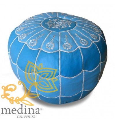 Pouf marocain design arcade en cuir dégradé de bleu et broderie blanche pouf en cuir véritable fait main